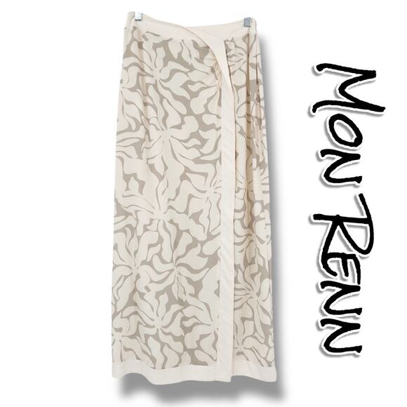 Mon Renn High Tide Midi Skirt  Stone Taupe Abstract Print Slit Long Womens Sz S - Picture 1 of 13